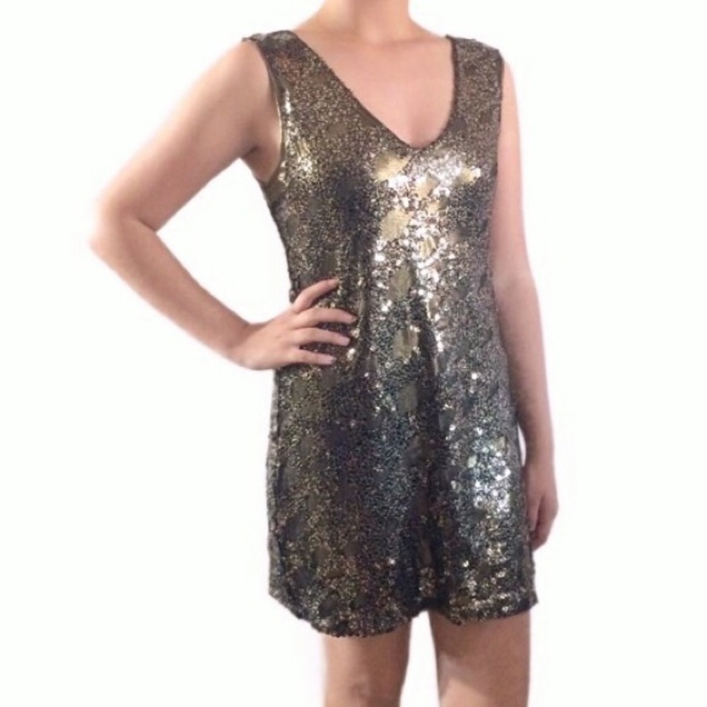 Express Gold Black Sequin Mini Dress Metallic Sz S